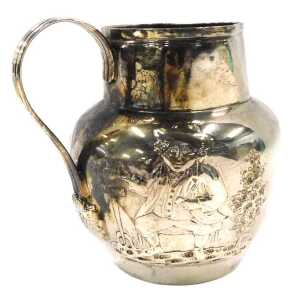 A Victorian silver jug, with beak spout and strap handle, the main body showing tavern scenes,...