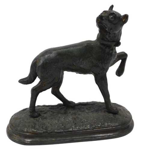 A 19thC cast metal figure of a mastiff, with front paw raised, on naturalistic oblong setting,...