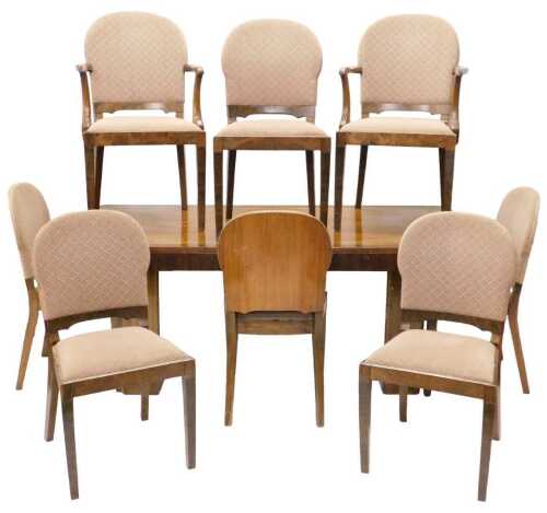 A mid 20thC Art Deco Epstein design walnut dining room suite, comprising oblong table with a...