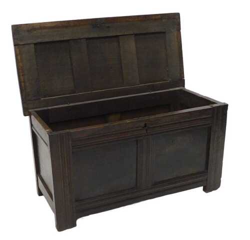 An 18thC oak coffer, the three panelled lid hinging to reveal a plain interior, above a two...