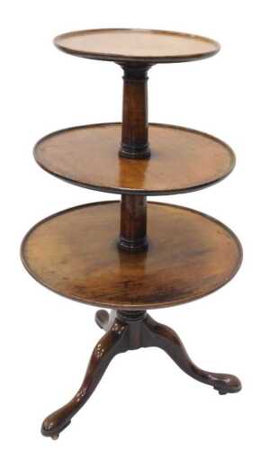 A 19thC mahogany three tier graduated dumbwaiter, on plain turned gun barrel stem, with cabriole...