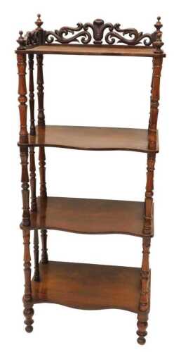A 19thC rosewood whatnot, with heavily carved three part gallery, raised above four graduated...
