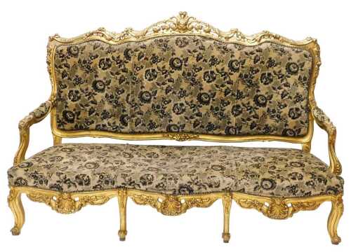 A 20thC French style giltwood three seater settee, with heavily carved scroll and floral back,...