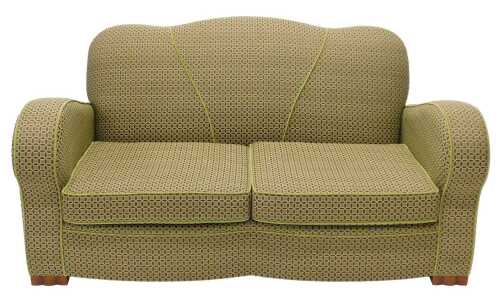 An Art Deco style walnut framed two seater settee, in a geometric green and fawn pattern, with...