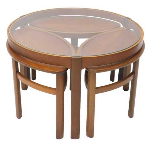 A mid 20thC Nathan teak Trinity glass topped circular coffee table, 51cm high, 83cm diameter,...