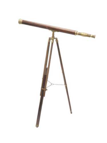 An early 20thC turned wooden and brass telescope, on a theodolite style six pronged stand, 136cm...