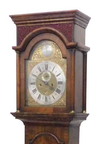A fine 18thC brass faced longcase clock, the arched dial with raised plaque, signed Obediah...