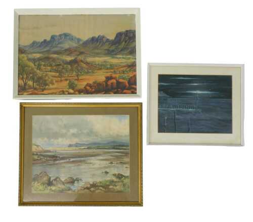 20thC Oriental School. Coastal scene, watercolour, 24cm x 31cm, and two framed prints.
