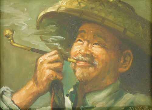 Bill Cheung (20thC). Oriental gentleman smoking a pipe, oil on canvas, signed, 28cm x 38cm.