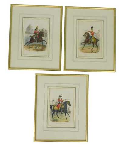 Three framed and mounted military prints, King's Dragon Guards 1815, Queen's Horse 1687, and...