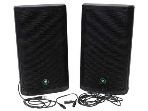 V - A pair of Macki Thrash 212 12" powered loud speakers, in black textured cabinets, with green...