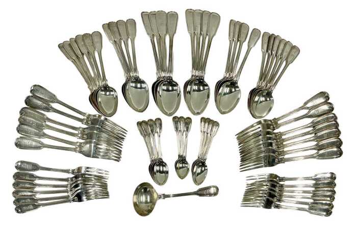 A Victorian comprehensive cutlery set, to include tablespoons, forks, teaspoons, ladles, etc.,...