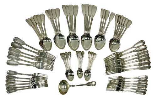A Victorian comprehensive cutlery set, to include tablespoons, forks, teaspoons, ladles, etc.,...