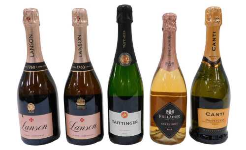 V - Two bottles of Lanson Rose champagne, Canti Prosecco, Taittinger Champagne, etc. (5) Note: VAT...