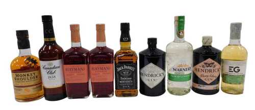 V - A bottle of Jack Daniel's Tennessee whisky No. 7, various other bottles of spirits, Haymans Sloe...