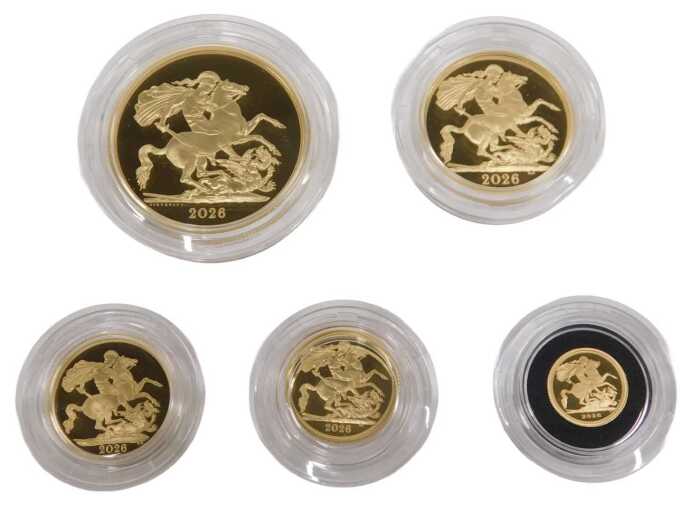 The Sovereign a 2026 five coin 22ct gold proof set, comprising &pound;5, double sovereign, sovereign,...