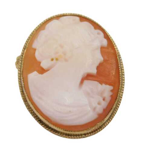 A 9ct gold shell cameo brooch, depicting maiden looking dexter, in a rope twist border, on...