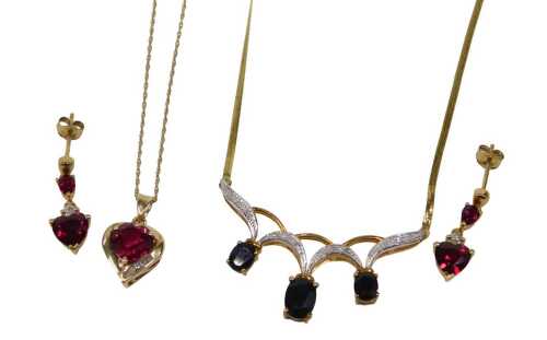 A pair of 9ct gold garnet and diamond heart drop earrings, 1cm high, an associated 9ct gold and...