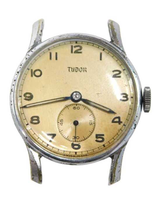 A Tudor wristwatch head, with a cream coloured numeric dial and seconds dial, with white painted...
