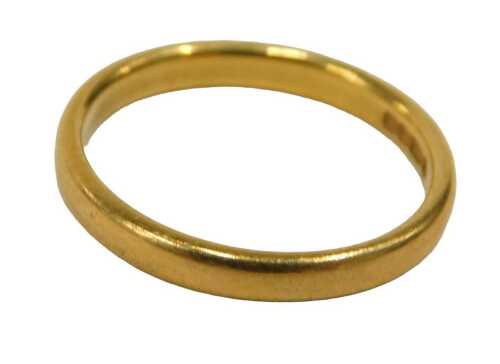 A 22ct gold wedding band, of plain design, 2mm width, maker WG&S, Birmingham 1951, ring size L&frac12;,...