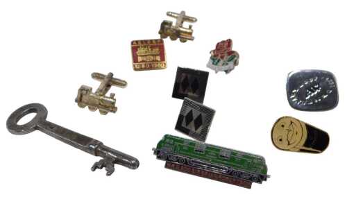 Railway Interest. An LNER Glasgow number 21 key, a group of assorted pin badges, and a pair of...