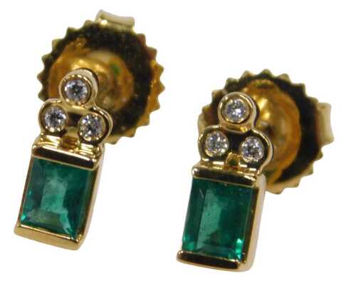 A pair of 18ct gold emerald and diamond earrings, each set with a rectangular step cup emerald...