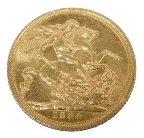 An Elizabeth II full gold sovereign dated 1964.