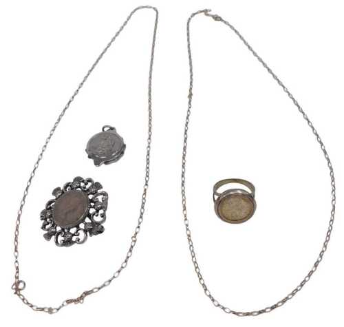 A group of silver and other jewellery, comprising a threepence piece silver signet ring, a coin...