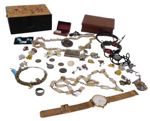 A group of assorted costume jewellery, to include Royal Crown Derby ceramic clip on earrings,...