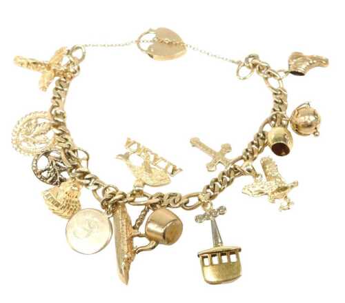 A 9ct gold figaro charm bracelet, with assortment of charms, to include Canadian maple leaf, fan,...