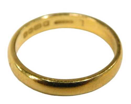 A 22ct gold wedding band, of plain design, 4mm width, maker WG&S, Birmingham 1929, ring size Q&frac12;,...