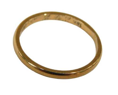A rose gold wedding band, 2mm width, yellow metal stamped 18k, 1.5g.