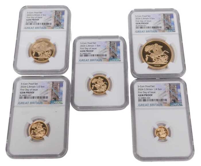 A UK 2024 22ct gold five coin sovereign collection NGC Gem proof first day of issue coin set,...