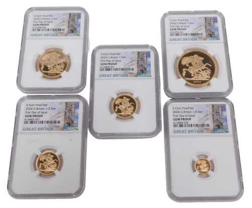 A UK 2024 22ct gold five coin sovereign collection NGC Gem proof first day of issue coin set,...