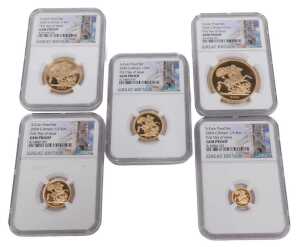 A UK 2024 22ct gold five coin sovereign collection NGC Gem proof first day of issue coin set,...