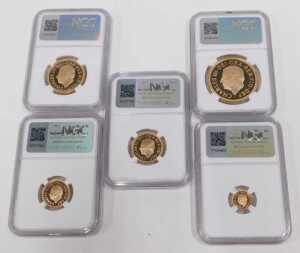 A UK 2024 22ct gold five coin sovereign collection NGC Gem proof first day of issue coin set,... - 2