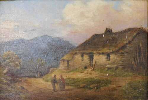19thC School. Figures on a path before cottage, oil on board, unsigned, 13cm x 18cm, various...