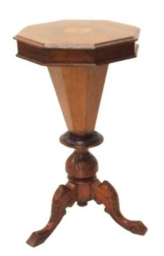 A 19thC walnut conical shaped workbox, of octagonal form with star inlay, on tapering stem, on...