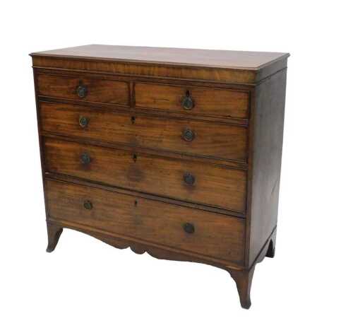 An early 19thC mahogany chest, of two short and three long graduated cock beaded drawers, each...