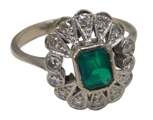 An emerald and diamond Art Deco dress ring, with asscher cut emerald, 5.8mm x 5.4mm x 3mm,...