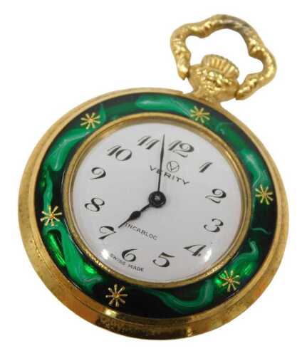 A Verity Incabloc enamel fob watch, the green, white and gilded enamel, with a white numeric...