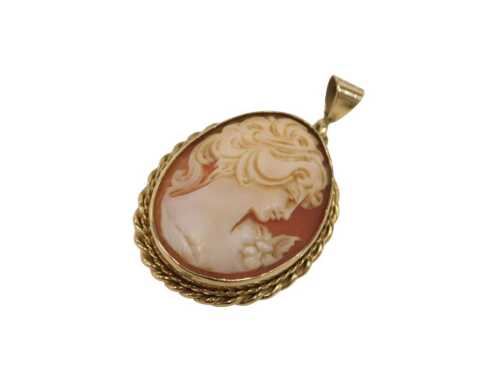 A 9ct gold shell cameo pendant, depicting maiden looking dexter, in a rope twist and rub over...