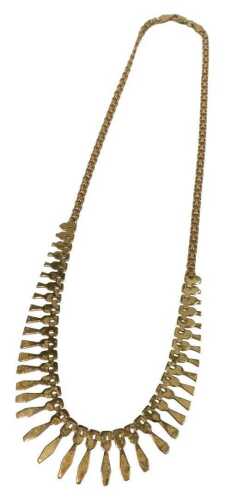 A 9ct gold brickette necklace, with lozenge shaped graduated droplets, yellow metal, stamped...