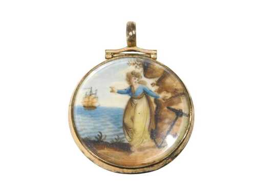 A 19thC memorial pendant, painted on ivory with a female figure in blue and yellow robes, with...