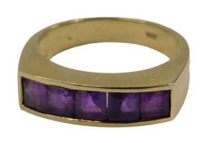 An amethyst half hoop dress ring, set with five square cut amethyst in tension settings, on a...
