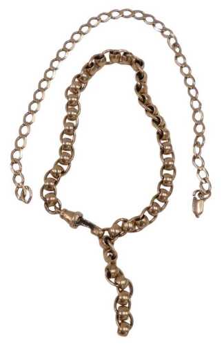 Two chains, comprising a flattened curb bracelet, 18cm long, yellow metal, unmarked and a part...