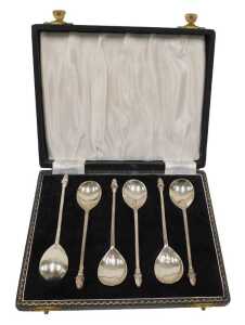 A set of six Elizabeth II silver teaspoons, each with figure head tops, trefid style, by...