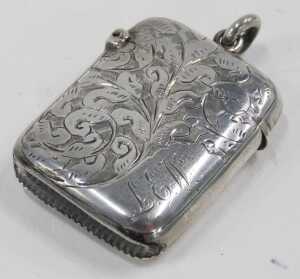 A Victorian silver vesta case, of oblong form, with plain ring top and hinged lid, chased with... - 5