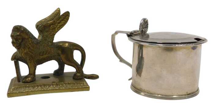 A 19thC Grand Tour style brass winged lion of St Mark figure, on rectangular base, 8cm high, and...