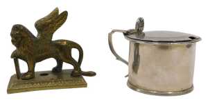 A 19thC Grand Tour style brass winged lion of St Mark figure, on rectangular base, 8cm high, and...